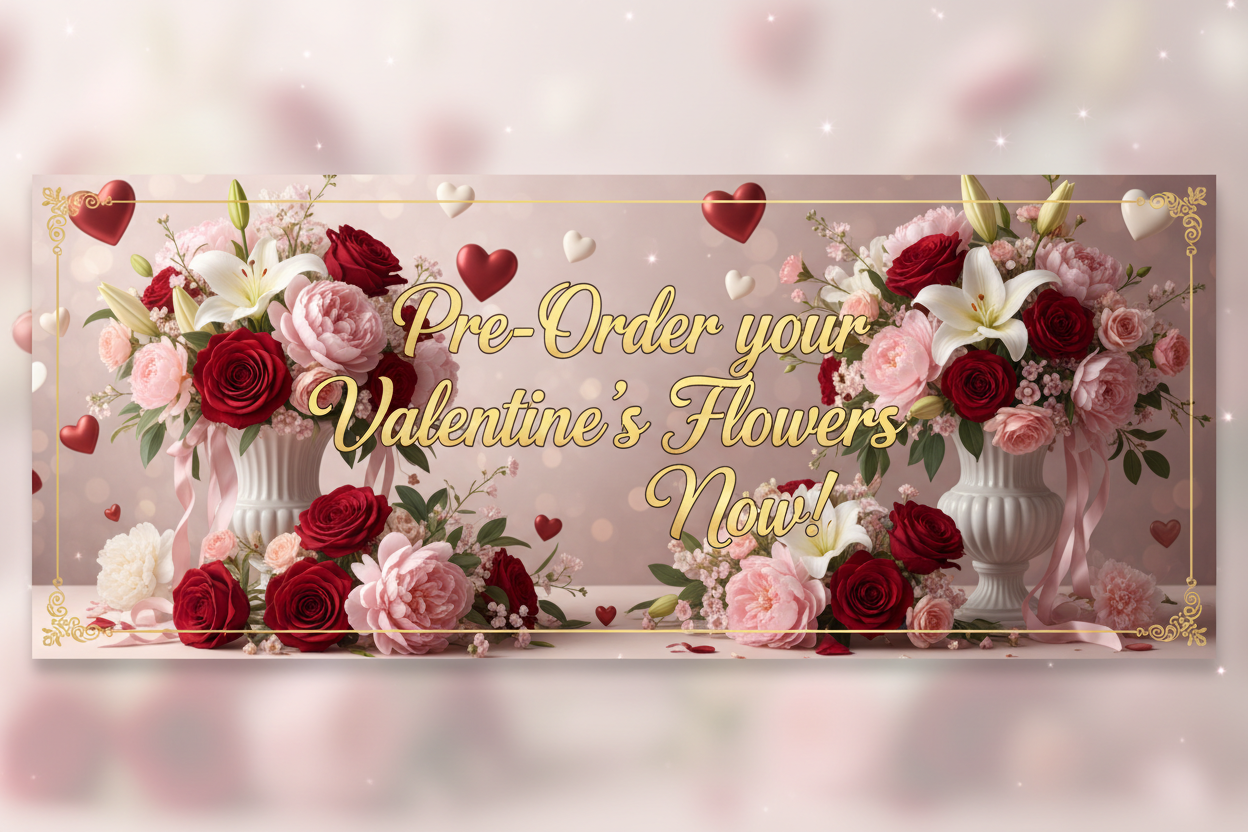valentines banner with Pre-Order your Valentine's Flowers Now!